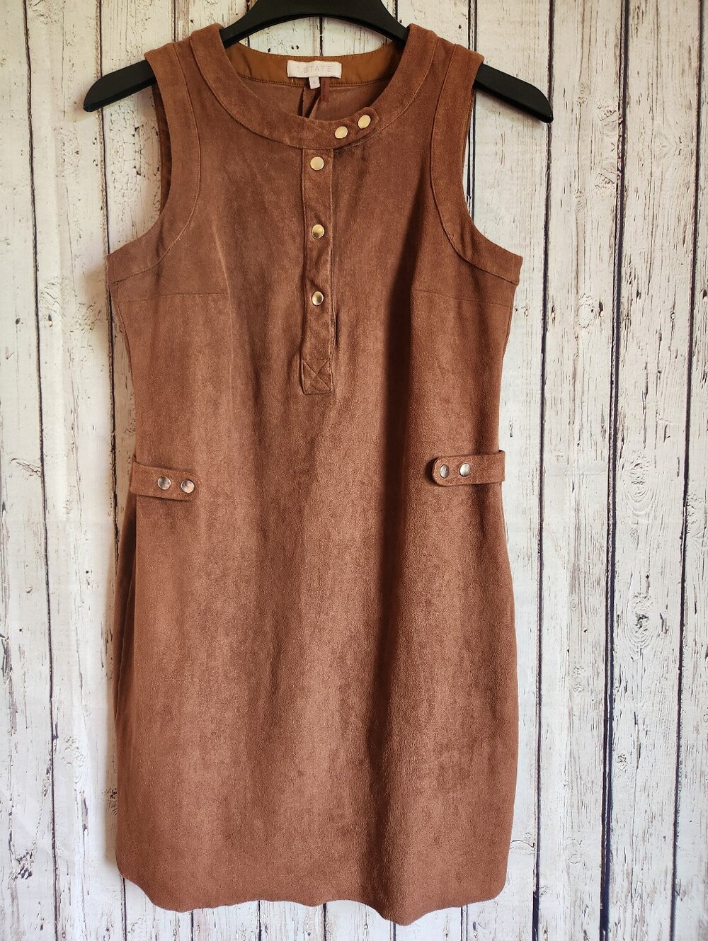 1.STATE Chestnut Brown Faux Suede Snap Front Sleeveless Shift Mini Dress Small